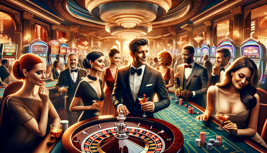 A luxurious and sophisticated casino environment, showcasing a lively atmosphere with elegantly dressed guests enjoying various games.