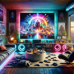 An header image for our video gasme releases 2024 article showing a modern gaming room with a cozy and high-tech atmosphere. In the center, there's a large, sleek TV screen.