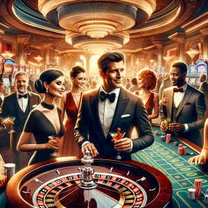 A luxurious and sophisticated casino environment, showcasing a lively atmosphere with elegantly dressed guests enjoying various games.