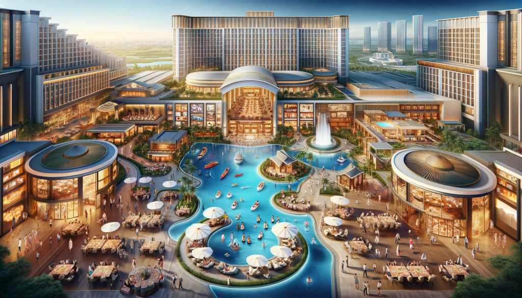 A panoramic view of a modern, luxury casino resort that illustrates a holistic entertainment experience. The image showcases a magnificent hotel.