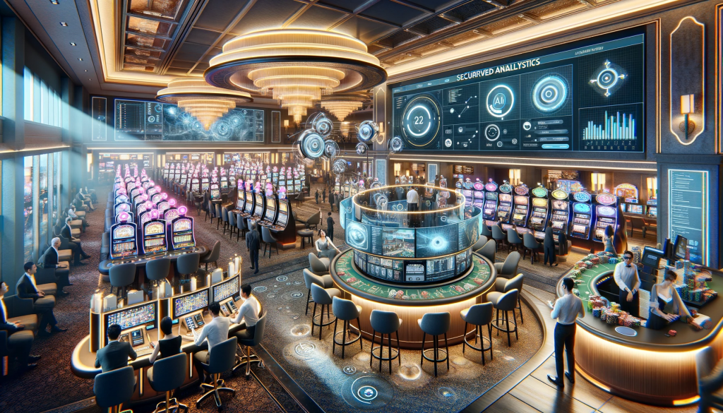 A high-tech casino interior showcasing advanced surveillance systems and AI-driven analytics. The scene includes sophisticated surveillance cameras.