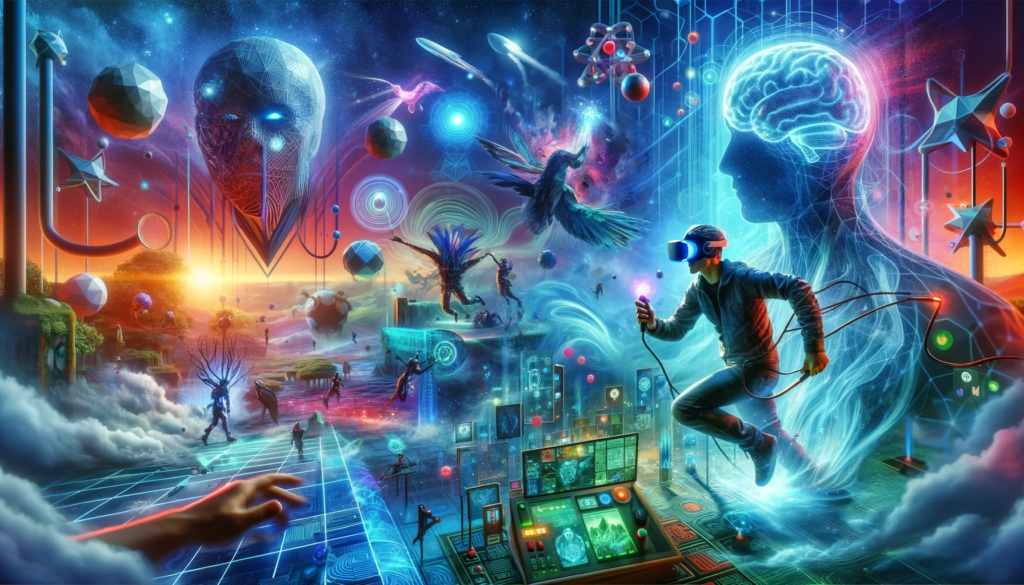 An image depicting enthralling adventures in gaming. It visually represents the immersive experience of VR and AR gaming, with elements that highlight the interactive and revolutionary nature of these technologies.