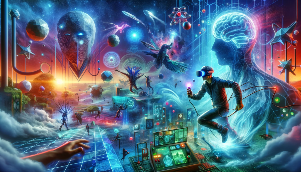  An image depicting enthralling adventures in gaming. It visually represents the immersive experience of VR and AR gaming, with elements that highlight the interactive and revolutionary nature of these technologies.