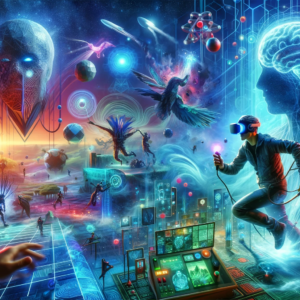 An image depicting enthralling adventures in gaming. It visually represents the immersive experience of VR and AR gaming, with elements that highlight the interactive and revolutionary nature of these technologies.