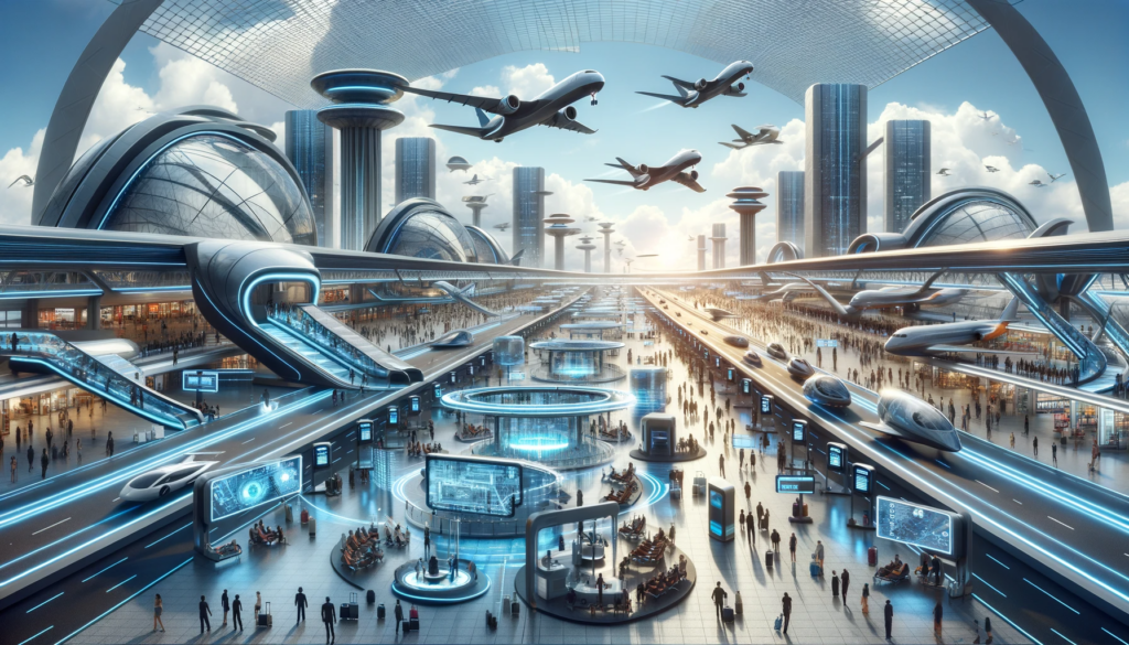 A panoramic header image designed for the futuristic travel industry theme, highlighting advanced technology in an airport setting.