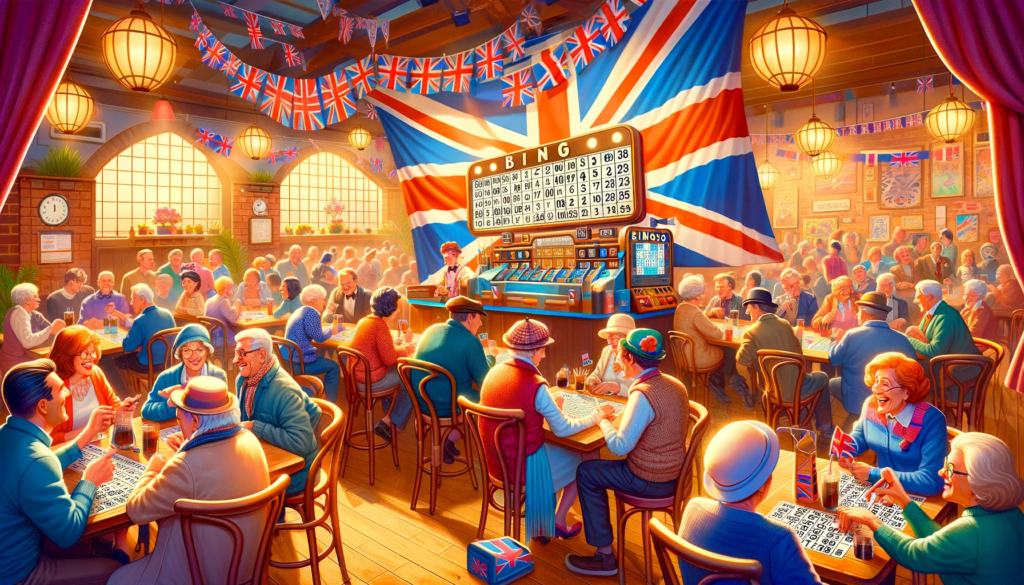 The image features a lively, bustling room decorated with union flags as people play bingo.