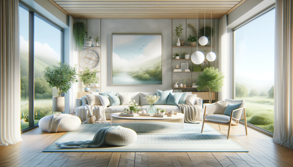 A modern living room with a minimalistic design, soft natural lighting, and soothing colours, along with elements like comfortable furniture and indoor plants. It captures a tranquil, calming and welcoming atmosphere.