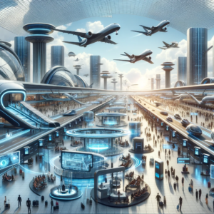A panoramic header image designed for the futuristic travel industry theme, highlighting advanced technology in an airport setting.