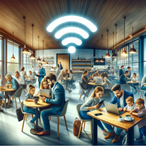 A panoramic header image for an article about why businesses offer free WiFi to customers.