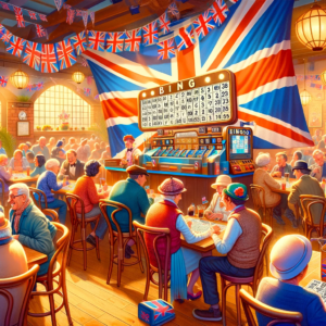 The image features a lively, bustling room decorated with union flags as people play bingo.