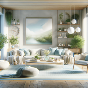 A modern living room with a minimalistic design, soft natural lighting, and soothing colours, along with elements like comfortable furniture and indoor plants. It captures a tranquil, calming and welcoming atmosphere.