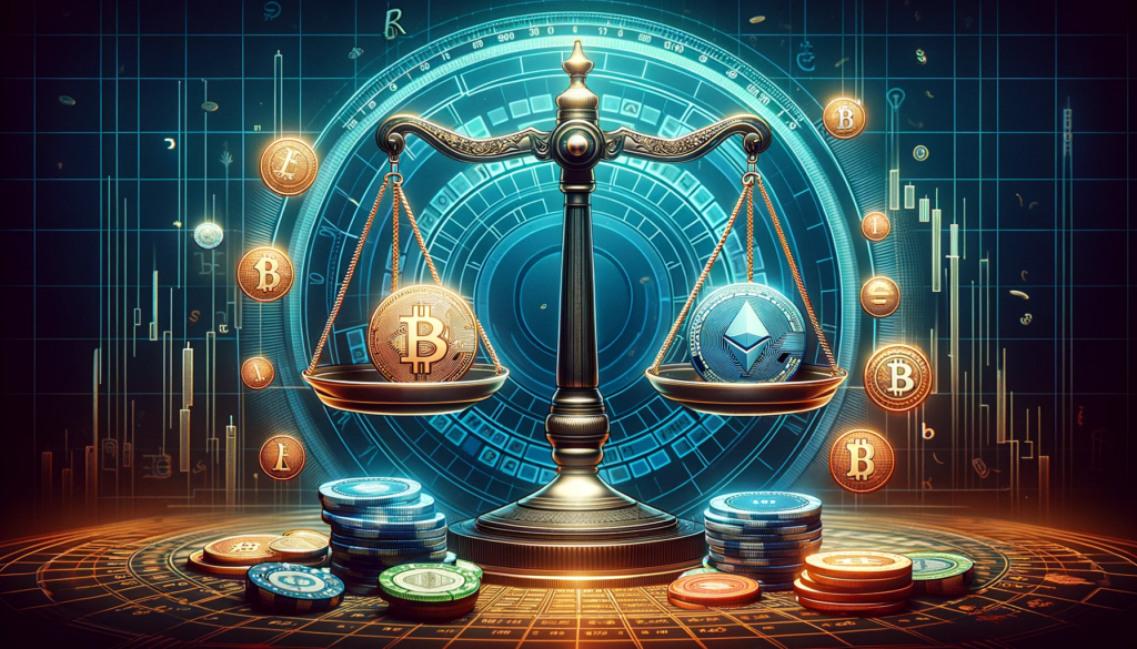 Responsible Gambling at Crypto Casinos shown with cryptocurrencies being balanced in a set of scales.