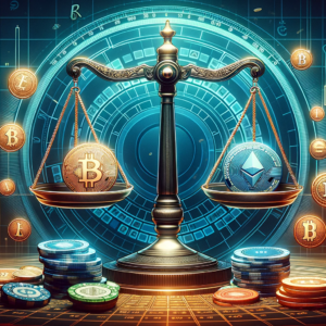 Responsible Gambling at Crypto Casinos shown with cryptocurrencies being balanced in a set of scales.