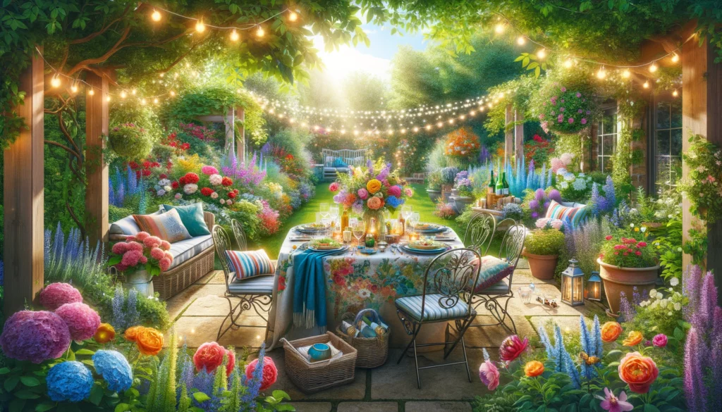 The scene captures a lush, vibrant garden with a beautifully set dining table, perfect for summer al fresco dining.