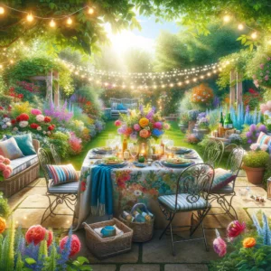 The scene captures a lush, vibrant garden with a beautifully set dining table, perfect for summer al fresco dining.
