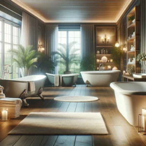 This image features a variety of bathtub styles in a luxurious and inviting bathroom setting, aiming to capture the essence of relaxation and the joy of choosing the perfect bathtub for one's home.