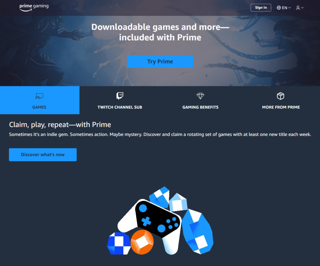 Prime Gaming homepage