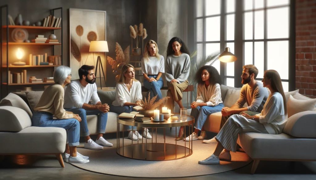 Depicts a diverse group of individuals engaged in a discussion, set in a modern, cozy environment, conveying themes of emotional connection and communication.