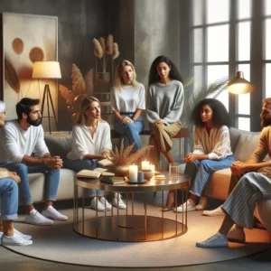 Depicts a diverse group of individuals engaged in a discussion, set in a modern, cozy environment, conveying themes of emotional connection and communication.