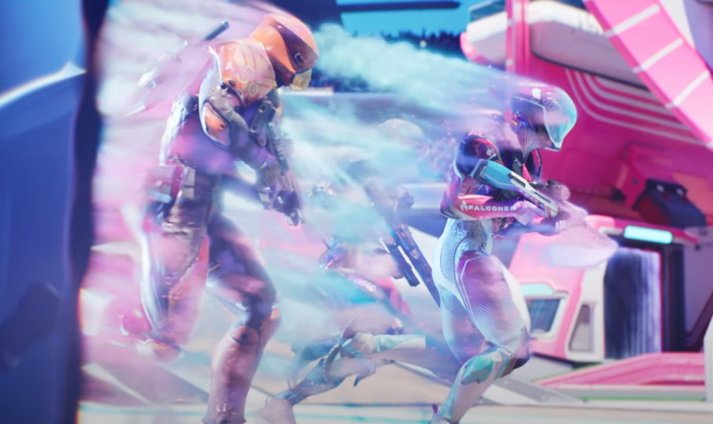 Splitgate 2 characters running through a portal into battle