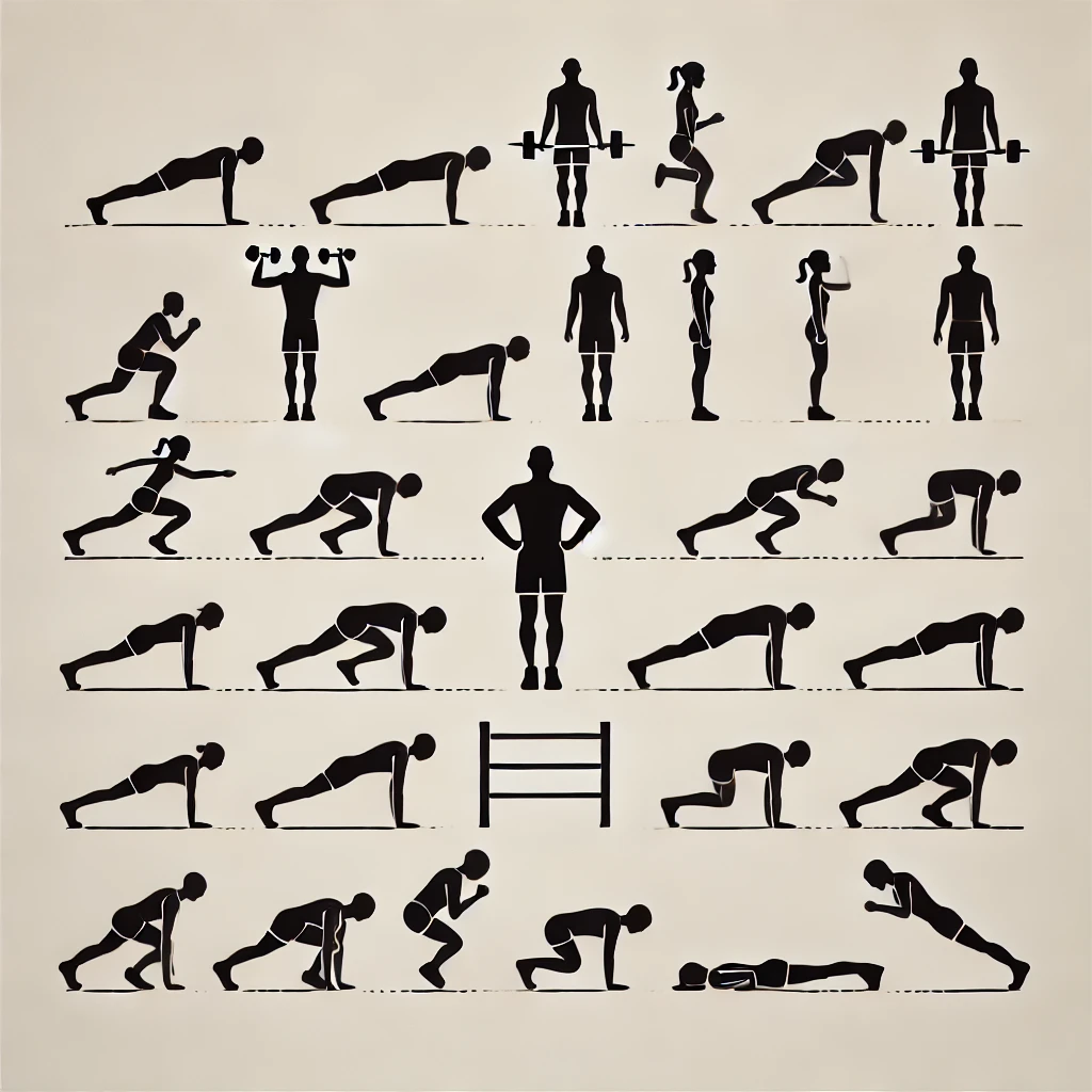 Image displaying silhouettes performing different fitness exercises