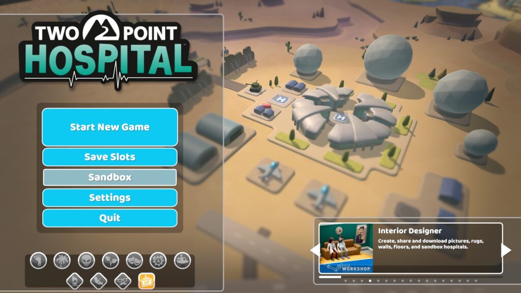 Two Point Hospital logo and game menu