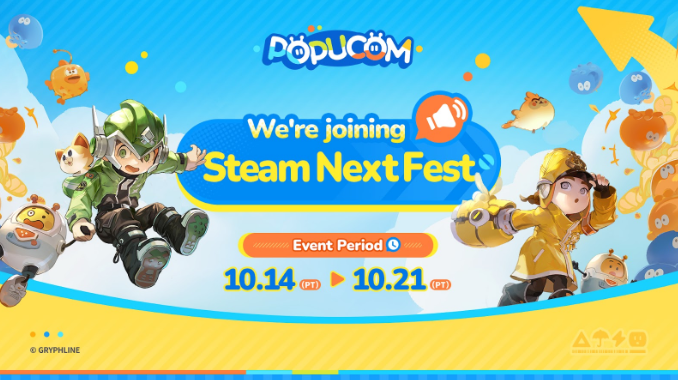 POPUCOM logo and Steam Next Fest dates and play times