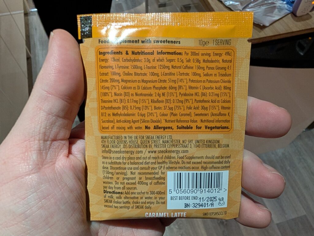 Sneak Caramel Latte Shake back packet ingredients