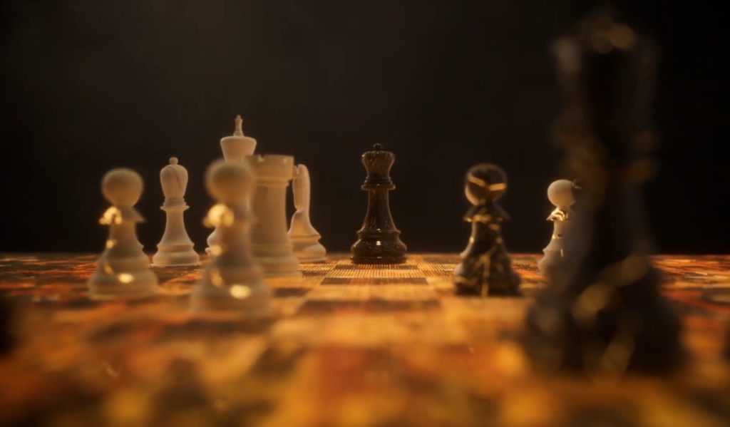 Wide shot of pieces on a Chess board