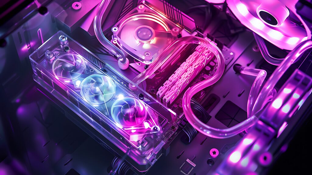 Dual Fan Radiator and RGB Lit Water Block in a High Performance Liquid PC Cooling System inside a transparent PC case designed for overclocking and custom gaming builds