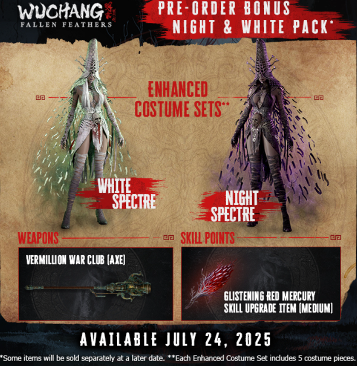 Wuchang: Fallen Feathers promises intense Soulslike battles and deluxe content this July 2 Wuchang: Fallen Feathers - pre order bonus, white and night dress pack