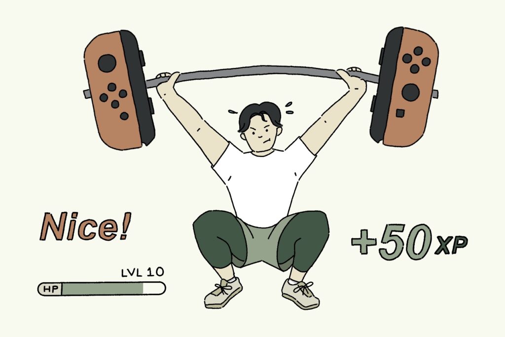 Cartoon displaying Gamifying fitness by a man lifting weights which are giant Joy-Cons