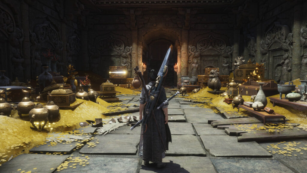 Where Winds Meet - character standing infront of a door with gold coins laying on floor