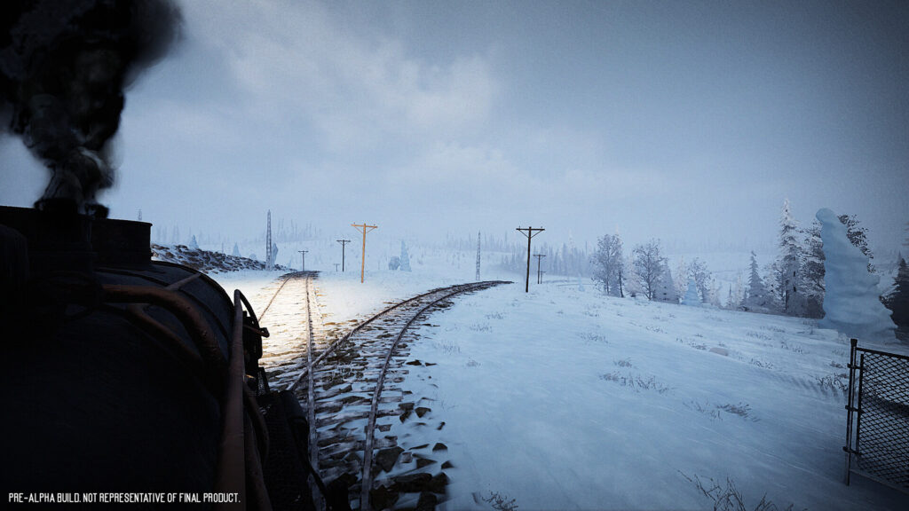 Frostrail - train going through snowy fields