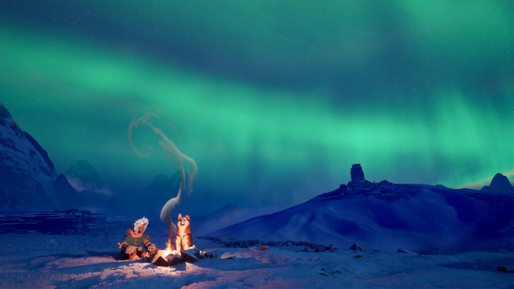 IKUMA: The Frozen Compass - Ikuma and Ellie under the night sky in front of a bonfire