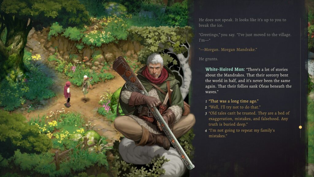 Mandrake, a cosy magical life sim RPG with gardening, ghosts and folklore 3 Mandrake - talking with a white haired man