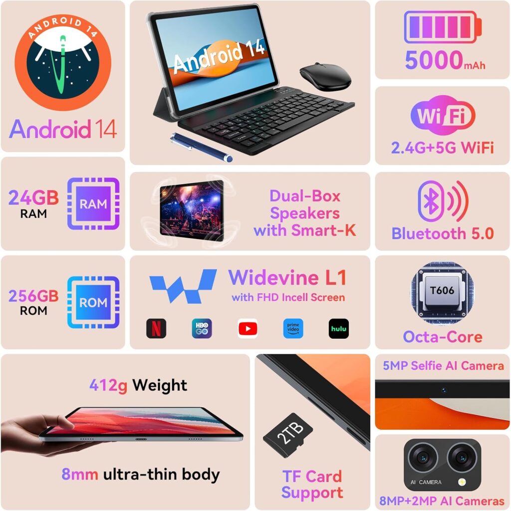 BESTTAB 2025 Tablet 10 Inch Android 14 with Gemini AI, 24GB+256GB, FHD Display, 2TB Expandable, Tablet with Keyboard & Pen, 5G WiFi, Octa-Core, Widevine L1, GPS, 2-Year Warranty-Grey - Specifications