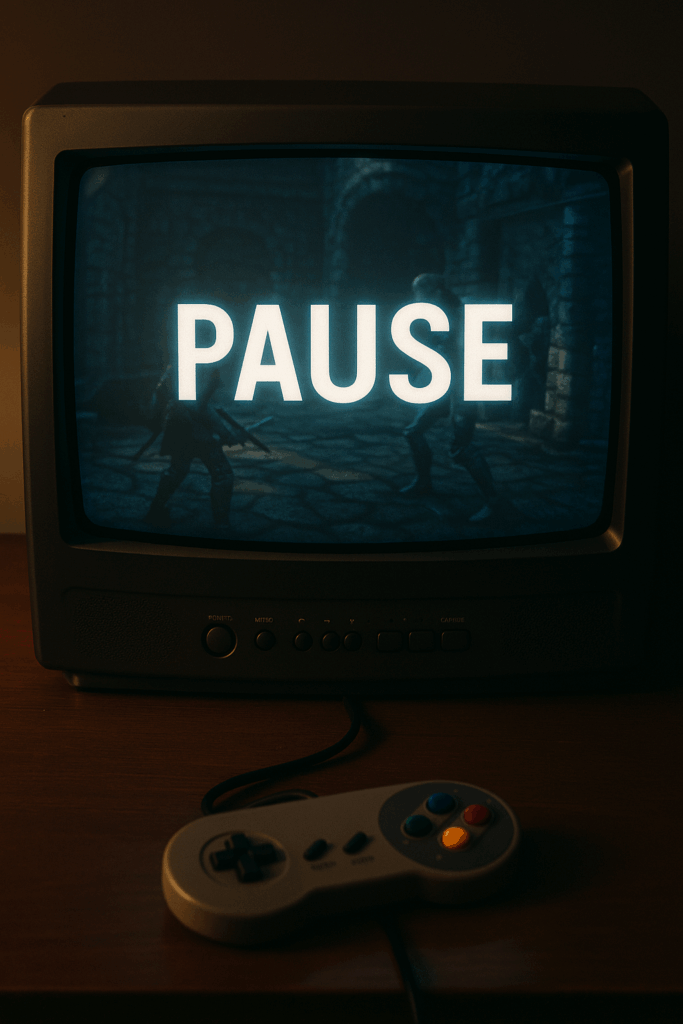 Old console hooked up to a TV with the gameplay paused from pressing the pause button