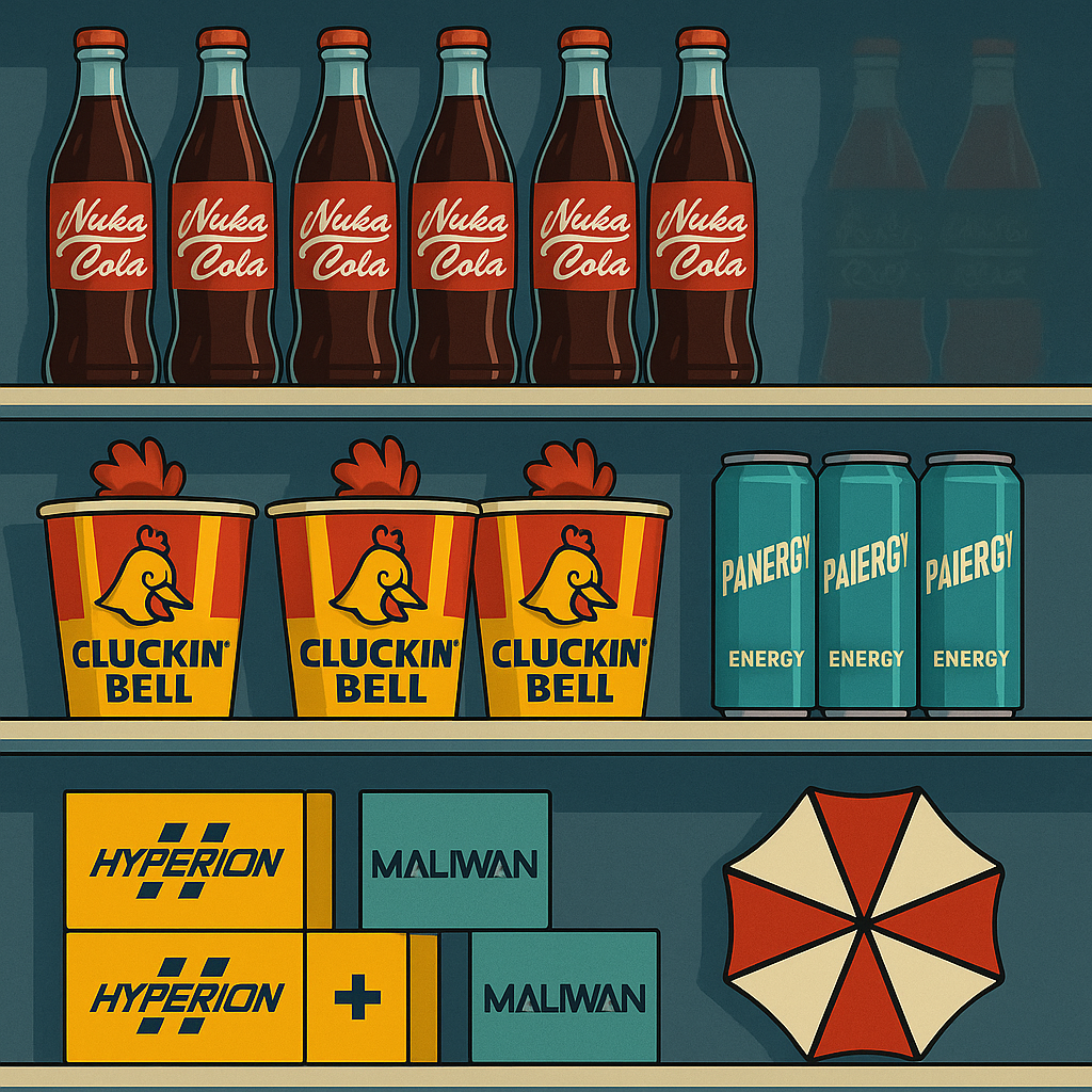 Fake Products from Fake Brands, on a shelf that may be recognisable from your favourite video games