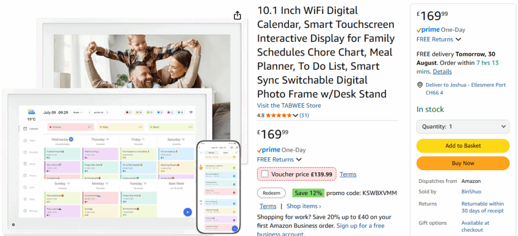 Amazon Tech Deals - TABWEE 10.1 Inch WiFi Digital Calendar, Smart Touchscreen Interactive Display for Family Schedules Chore Chart, Meal Planner, To Do List, Smart Sync Switchable Digital Photo Frame w/Desk Stand
