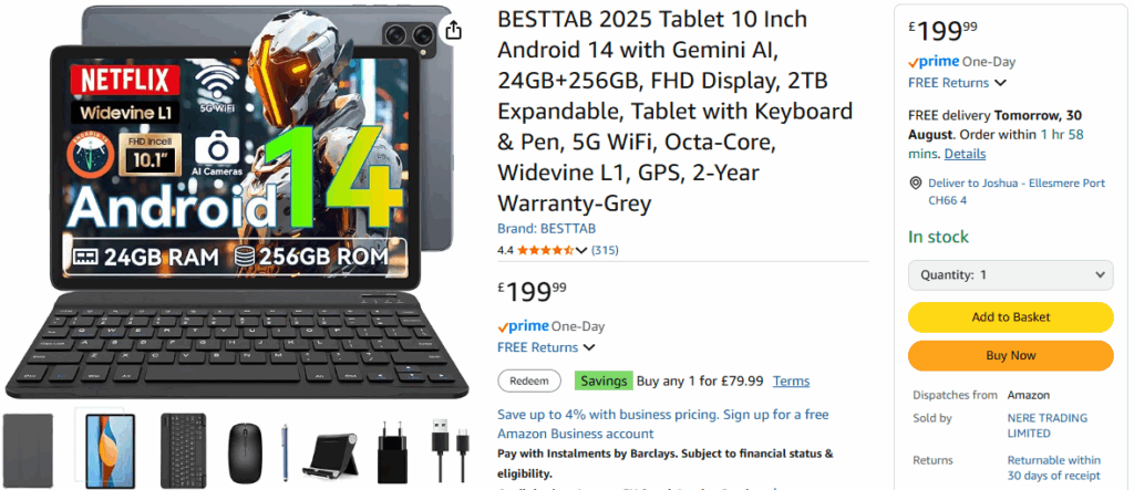 Amazon Tech Deals - BESTTAB 2025 Tablet 10 Inch Android 14 with Gemini AI, 24GB+256GB, FHD Display, 2TB Expandable, Tablet with Keyboard & Pen, 5G WiFi, Octa-Core, Widevine L1, GPS, 2-Year Warranty-Grey