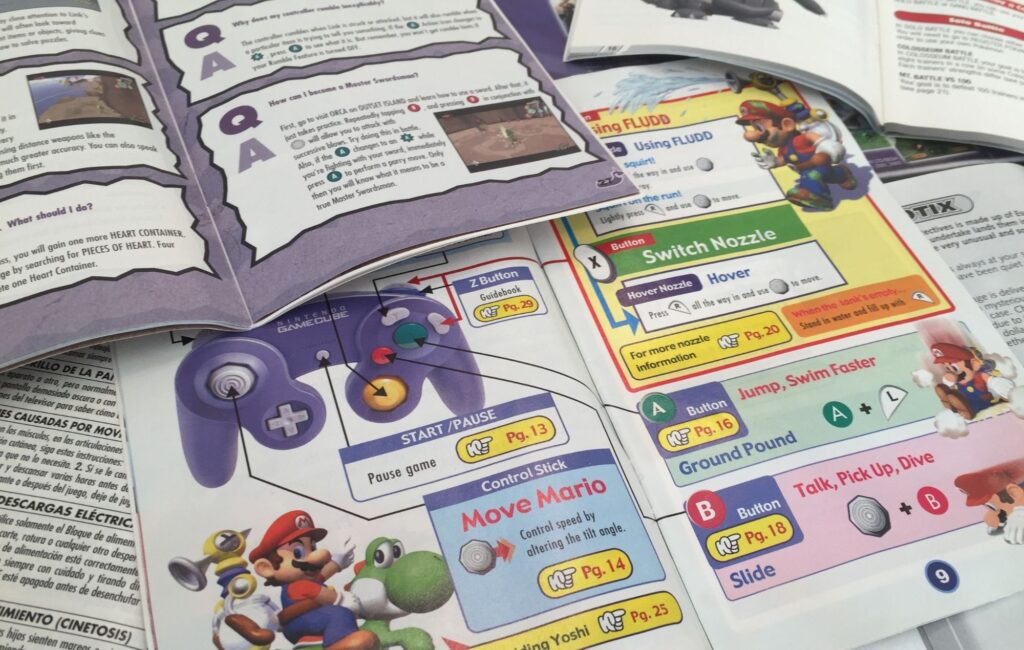 Collection of opened Video Game Manuals