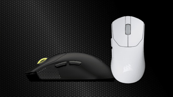 Corsair SABRE v2 PRO Ultralight Wireless Gaming Mouse in black and white with side and top view