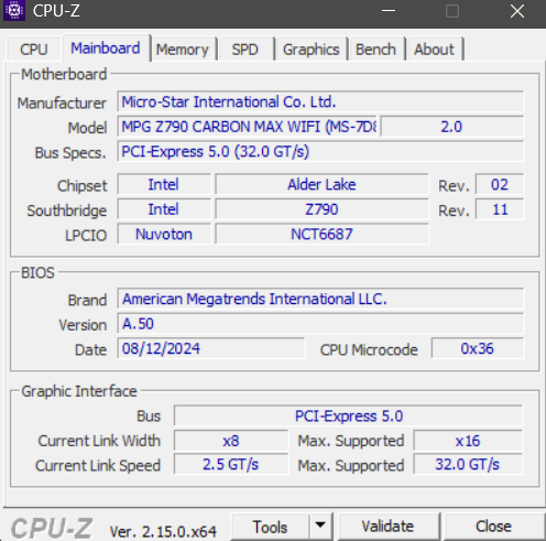 KingBank Soarblade DDR5 6800MHz CL32 - CPU-Z Readout of Motherboard