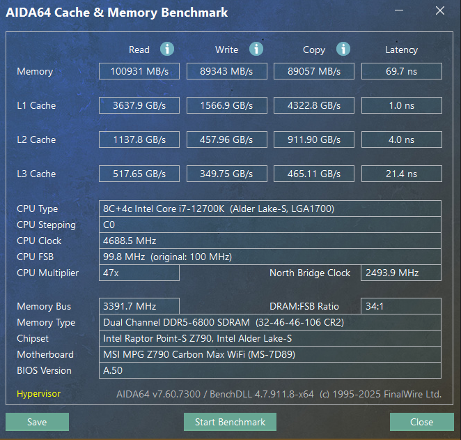 KingBank Soarblade DDR5 6800MHz CL32 - AIDA64 Cache and Memory