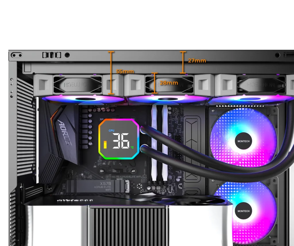 MONTECH HyperFlow Digital AIO CPU cooler measurments when installed