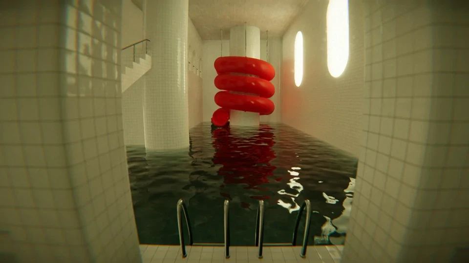 POOLS - Red slide swirling around a column into a pool