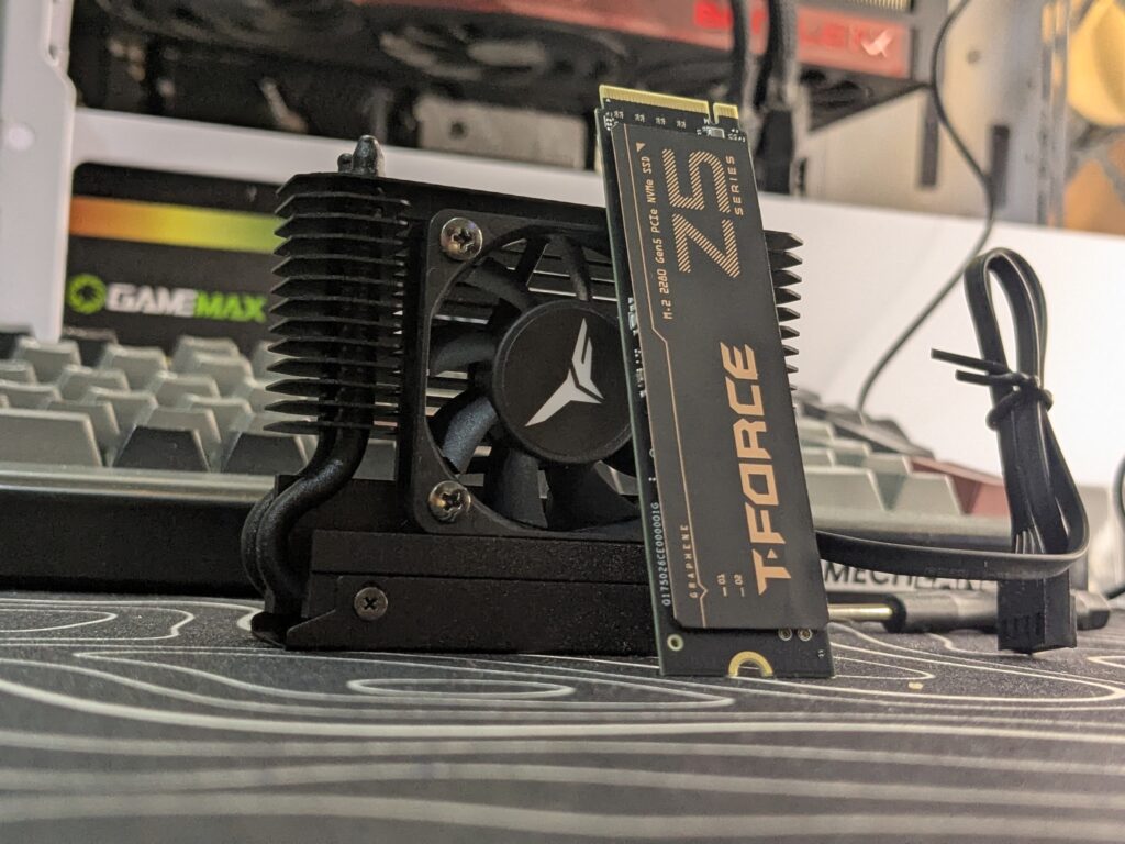 TEAMGROUP T-FORCE Z540 1TB Gen5 NVMe SSD and T-FORCE DARK AirFlow I SSD Cooler together