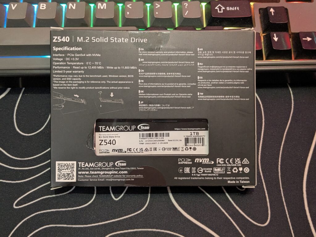 T-FORCE Z540 Gen5 SSD - Box back