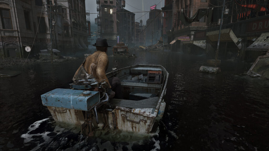 The Sinking City 2, delayed until 2026 - Screenshot showing player driving a motor boat through the sunken city